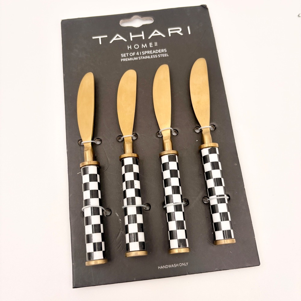 Tahari Home Set of 4 Spreaders Gold Stainless Steel Black White Checkered Handle